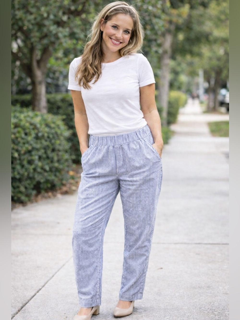 Anthro XS Petite Blue Stripe Linen Pants Elastic Waist